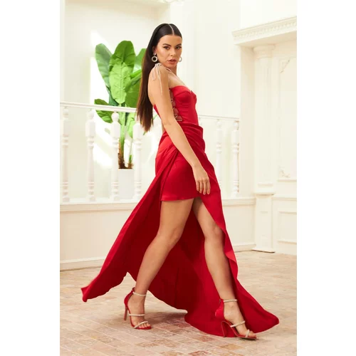 Carmen Long Evening Dress And Invitation Dress In Red Satin With Tie