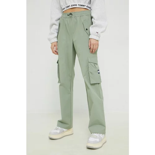 Tommy Jeans hlače za žene, boja: zelena, cargo kroj, visoki struk