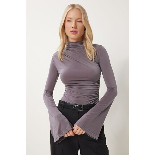 Happiness İstanbul Women&amp;#039;s Gray Spanish Sleeve Gathered Sandy Knitted Blouse Slike
