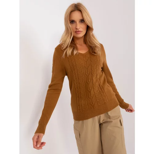 Fashion Hunters Light brown women's sweater with cable neckline