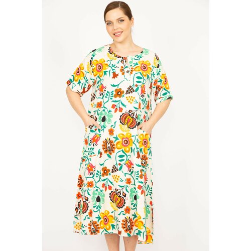 Şans Women's Colorful Plus Size Woven Viscose Fabric Front Pat Buttoned Pocket Dress Slike