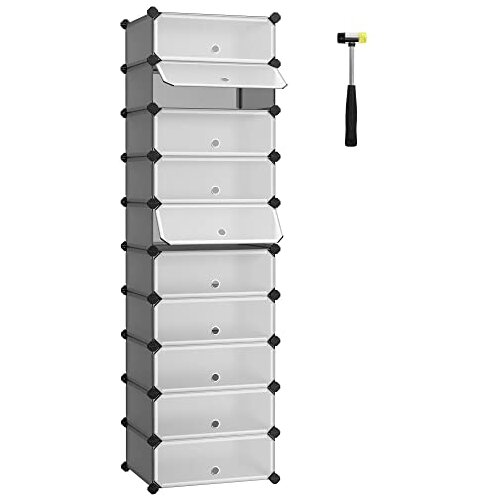 Songmics Prepleteno stojalo za čevlje, pravokotni organizator za shranjevanje, modularna polica za samostojno shranjevanje z 10 režami, 40 x 30 x 17 cm za vsak prostor, plastična omara z vrati, siva, (21313486) Cene