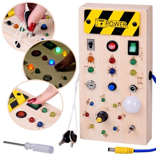  Drvena Montessori ploča s prekidačima i LED svjetlima, 20 cm Slike