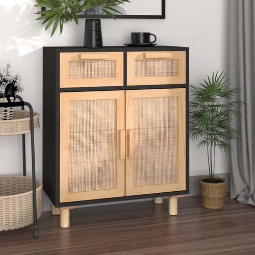  Komoda crna 60 x 30 x 75 cm masivna borovina i prirodni ratan Cijene