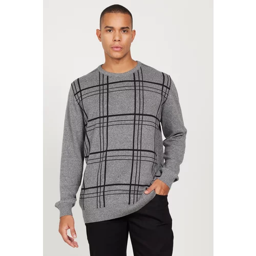 AC&Co / Altınyıldız Classics Men's Grey-Ecru Recycle Standard Fit Regular Cut Crew Neck Cotton Patterned Knitwear Sweater