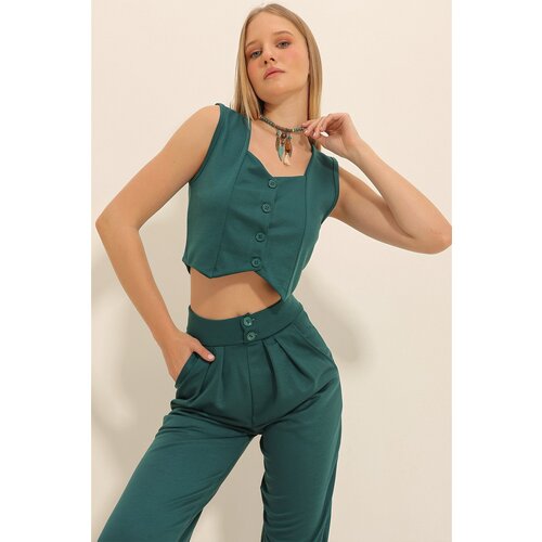 Trend Ala&amp;ccedil;atı Stili Women&amp;#039;s Walnut Green Sweetheart Collar Buttoned Crop Vest Slike