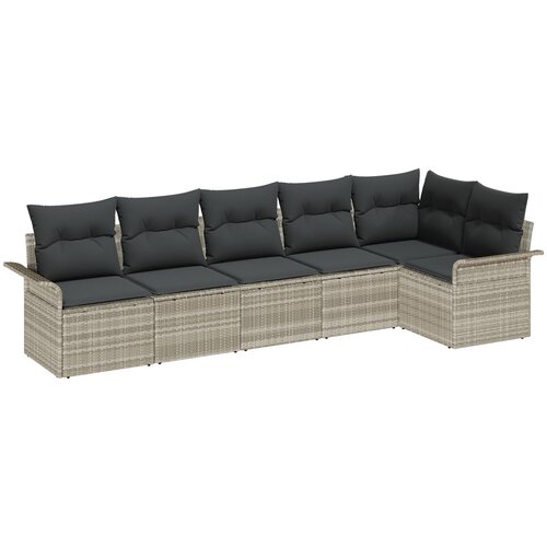VidaXL 6-delna vrtna sedežna garnitura z blazinami svetlo siva poli ratan, 2-sedežna vrtna sofa z shrambo in blazinami svetlo siva poli ratan Slike