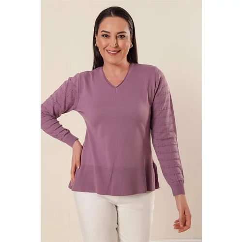 By Saygı V-Neck Lilac Acrylic Sweater with Sleeves Patterned Plus Size Acrylic Sweater with slits in the sides.
