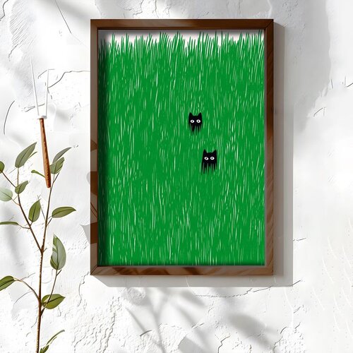 Wallxpert uramljena MDF slika NAL073-46, dve crne mačke vire iz visoke zelene trave, 35,5 x 47 cm Cene
