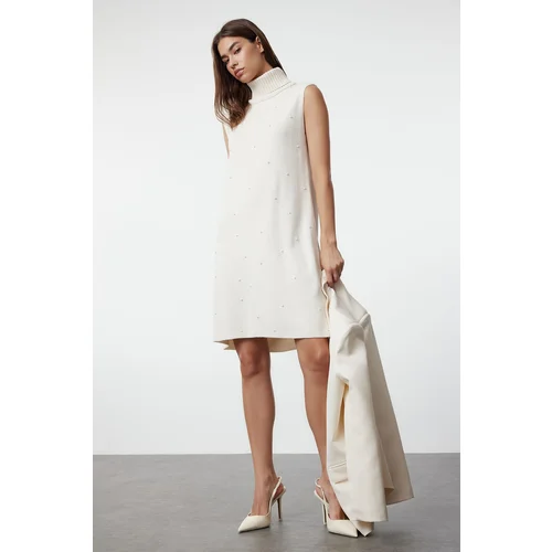  Ecru Mini Knitwear Sleeveless Turtleneck Dress