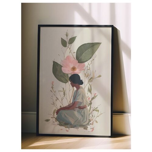 Wallxpert uramljena slika 115240, žena u zelenoj haljini ispod ružičastog cveta divlje ruže, 30 x 40 cm, crni ram Cene