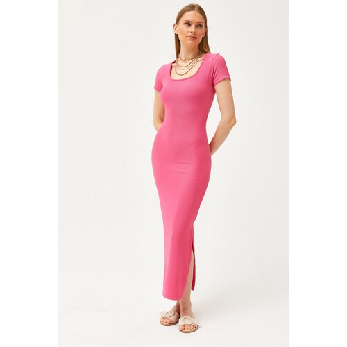 Olalook Women's Fuchsia U Neck Lycra Thin Ribbed Slit Ottoman Dress Slike