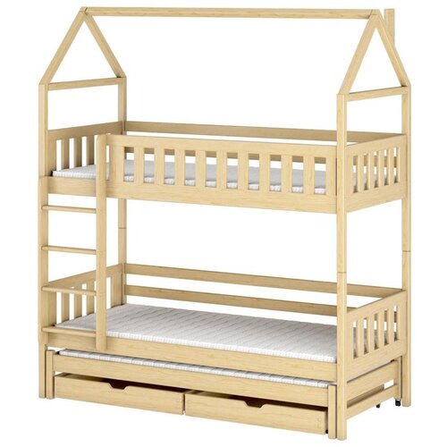 Molarem Home Drveni dječji krevet na kat Iga s tri kreveta i ladicom - svijetlo drvo - 190x90 cm - Madrac PE pjena 8 cm-spužvasti madrac Cijene