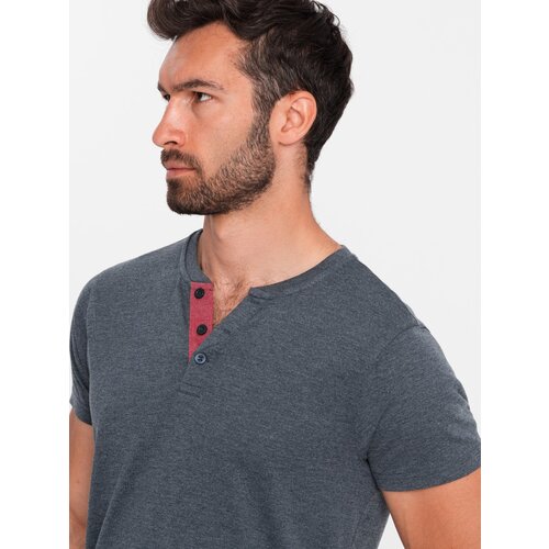 Ombre Men&amp;#039;s T-shirt with unbuttoned round henley neckline - navy blue Slike
