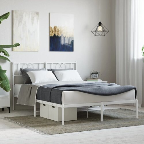 VidaXL Kovinski posteljni okvir z vzglavjem bel 135x190 cm Slike