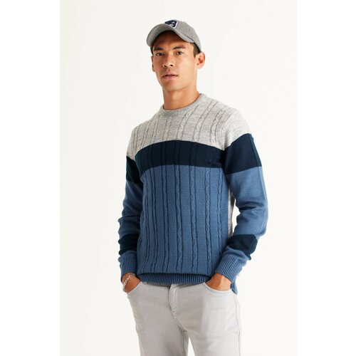 AC&Co / Altınyıldız Classics Men's Gray Melange-Indigo Standard Fit Normal Cut Crew Neck Colorblok Patterned Knitwear Sweater. Slike