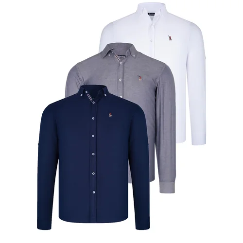 Dewberry TRIPLE SET G674 MENS SHIRT-NAVY BLUE-WHITE-DENIM BLUE