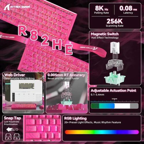 Attack Shark gaming tastatura R82HE magnetic Switches/8KHz/RT/Snap tap/dks/mt/tgl/pink countur Slike