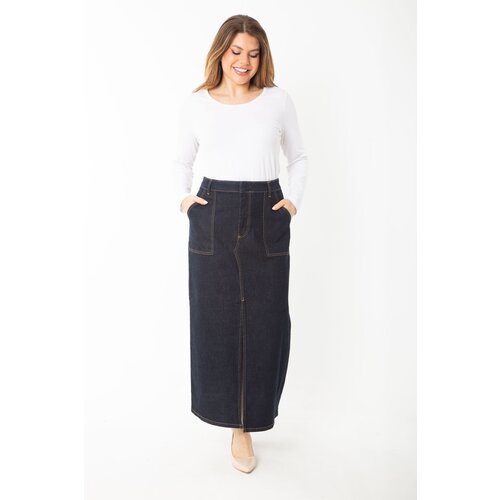 Şans Women's Plus Size Navy Blue Front Slit Denim Skirt Slike