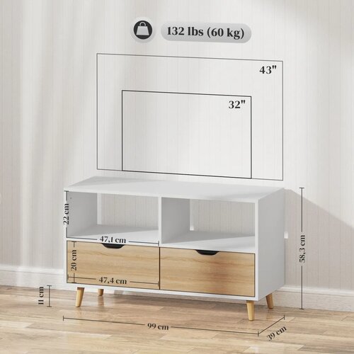 TV ormarić TV komoda s ladicama otvorene police drvo 99 x 39 x 58 cm bijela Slike