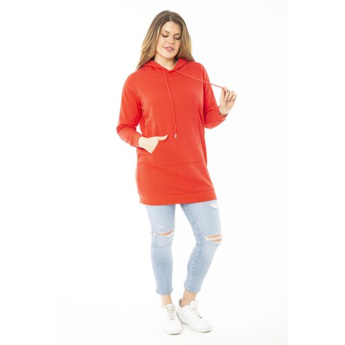 Şans Women's Plus Size Red Inner Raising Two Thread Hooded Sweatshirt Slike