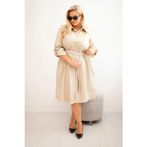 Kesi Plus Size women&amp;#039;s dress made of eco-leather with a belt and collar beige Slike