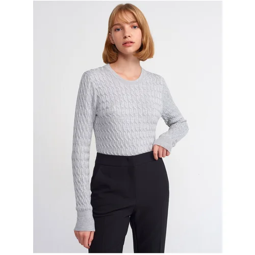 Dilvin 10476 Crew Neck Hair Braided Sweater-Grey Melange