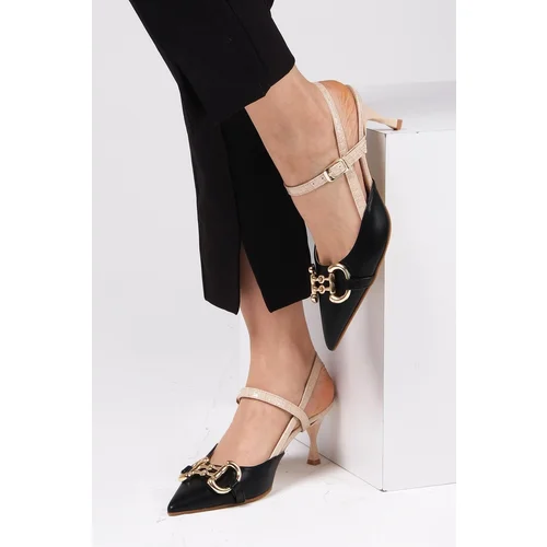 Mio Gusto Felicity Black Women's Heeled Shoes with Buckle Accessory and Open Back with Buckles in the Side.