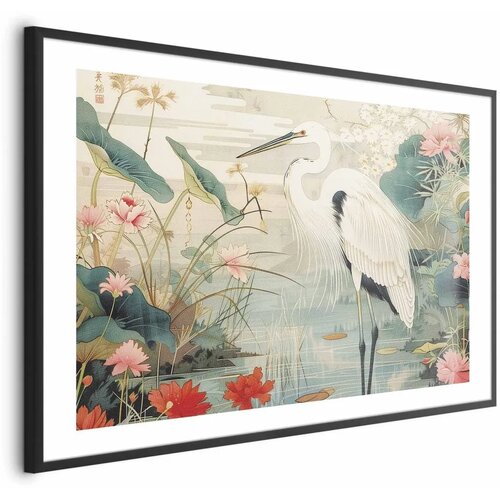  Plakat - Over the Asian Pond - illustration in the Japanese print style featuring a heron 90x60 Crni okvir s margom Cijene