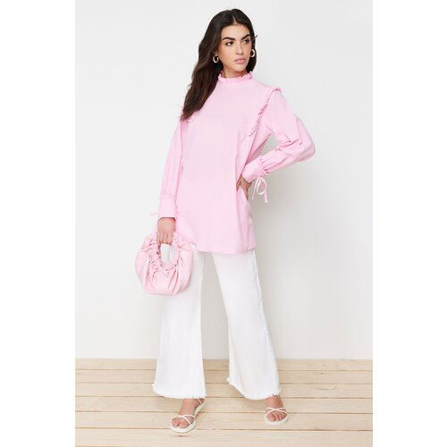 Trendyol Pink Woven Cotton Tunic With Ruffled Shoulder and Cuff Cene