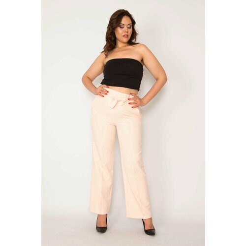 Şans Women's Plus Size Pink Trousers with a Tie Waist Belt and Concealed Zippers Slike