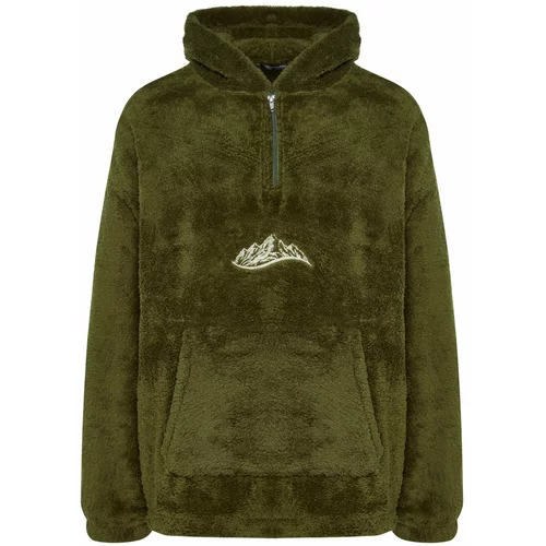Trendyol Khaki Men's Oversize Hooded Long Sleeved Sweatshirt with Pockets. Thick Plush Mountain Embroidery.
