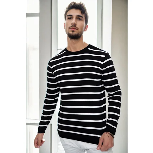 Dewberry 99741 Crew Neck Striped Casual Knitwear Sweater-BLACK