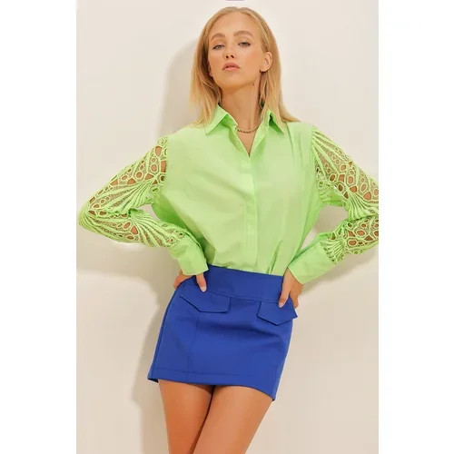 Trend Alaçatı Stili Women's Lime Green Guipure Knitted Shirt