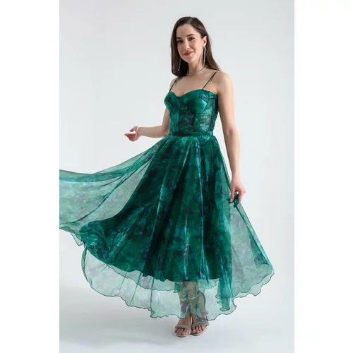 Lafaba Women's Emerald Green Design Organza Evening Dress