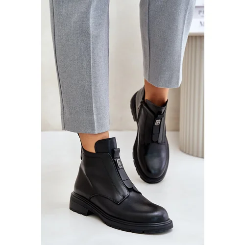 PE1 Leather Ankle Boots With Flat Heel Warm Black Komisa