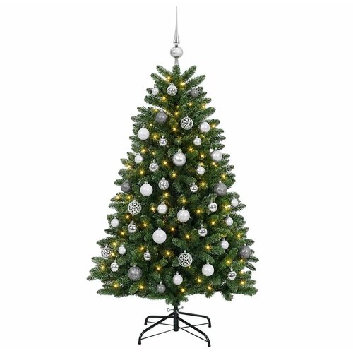  Umjetno božićno drvce srednje zeleno s kuglicama 150 cm - Srednje zelena &amp;Oslash; 80 x 150 cm s 150 LED dioda i srebrnim kuglicama Slike
