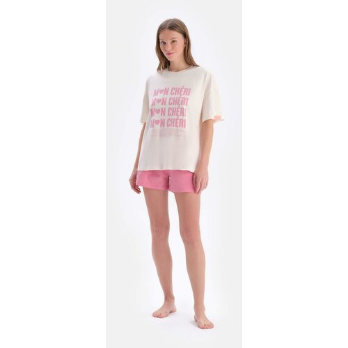 Dagi Ecru Short Sleeve Piece Printed Single Jersey T-Shirt Shorts Pajamas Set Slike