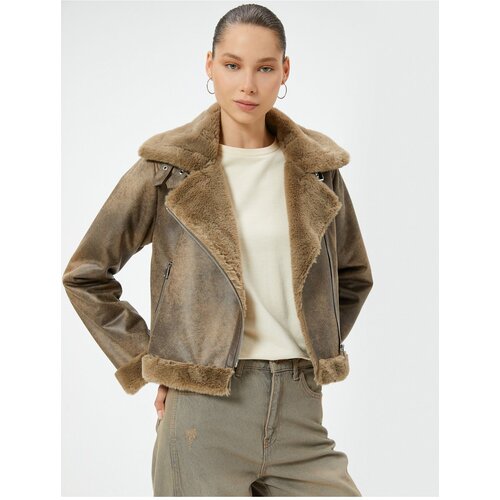 Koton Fur Collar Zippered Pocket Biker Jacket Slike