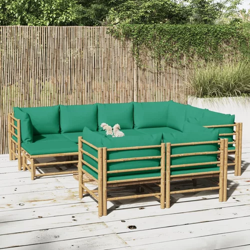 vidaXL Vrtna sedežna garnitura 10-delna z zelenimi blazinami bambus