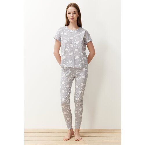 Trendyol Gray Cotton Animal Pattern Knitted Pajamas Set Slike