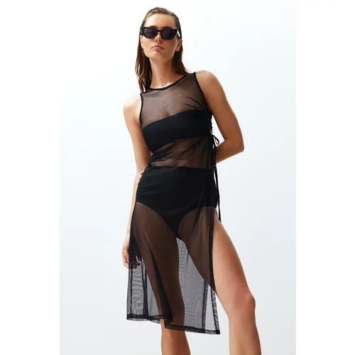 Trendyol Black Fitted Maxi Knitted Cut Out/Windowed Mesh Beach Dress