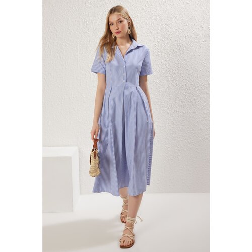 Trendyol blue striped skirt opening at waist with half placket midi woven dress Slike