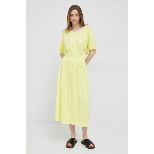Deha Pamučna haljina boja: žuta, midi, širi se prema dolje
