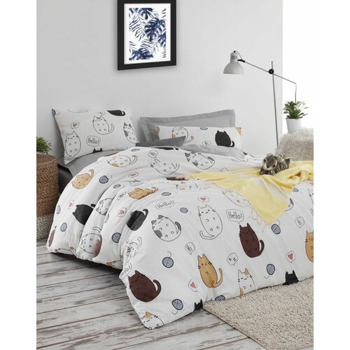 Hello cats - whitebrowngrey double quilt cover set Cene