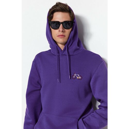 Trendyol Men's Purple Men's Regular/Regular Cut Hoodie with Minimal Embroidery and a Soft Pile Cotton Sweatshirt. Cene