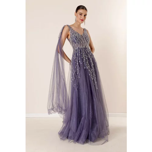 By Saygı Tie Back, Sequins and Beads Embroidered Lined Long Tulle Dress INDIGO