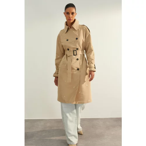 Trendyol Limited Edition Beige Oversize Wide Cut Embroidery Detailed Belted Trench Coat
