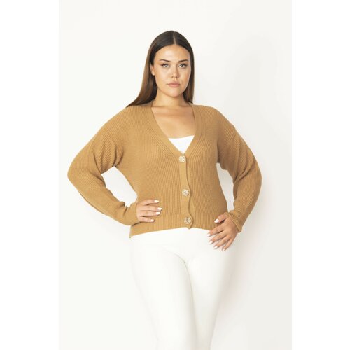 Şans Women's Plus Size Camel V-Neck Front Buttoned Knitwear Cardigan Slike
