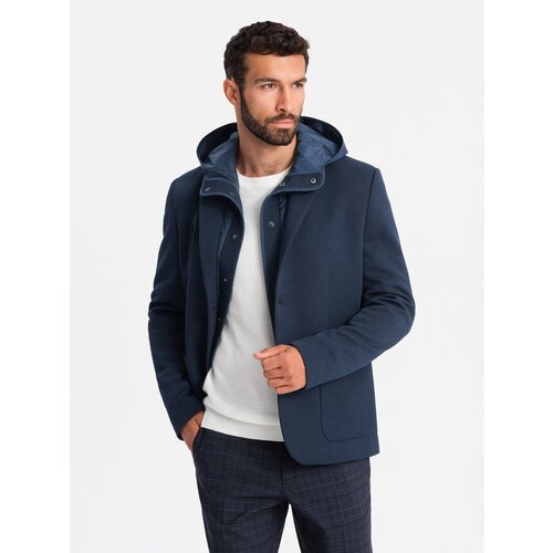 Ombre Men&amp;#039;s jacket with hooded lining and high collar - navy blue Slike